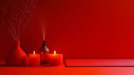 Red Aesthetic Still Life: Candles, Diffuser, Vase, Mat
