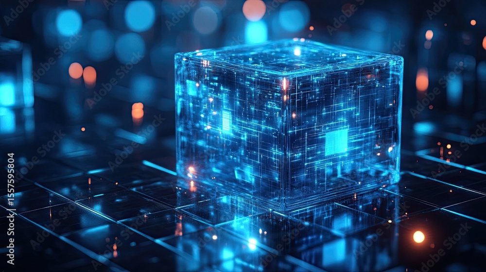 Aufkleber glowing abstract blue cube with digital reflections, futuristic 3d object for tech, design, or virtu