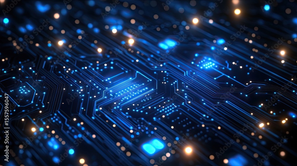 Aufkleber glowing blue circuit board background with microchip and lines, tech infrastructure and innovation i
