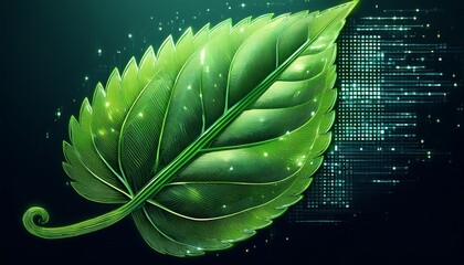 Obraz premium green leaf transforming into digital pixels illustrating the fusion of nature and technology in a creative artwork