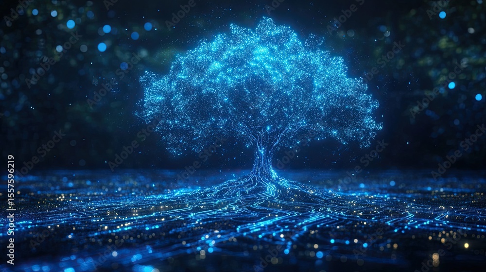Poster glowing blue digital tree with circuit-like branches, futuristic concept of technology growth and ne