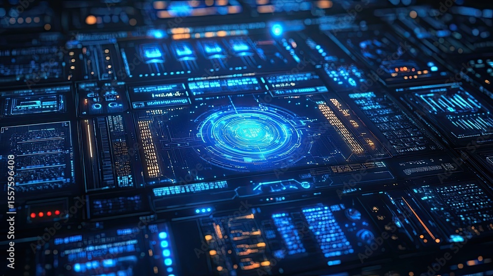 Poster glowing blue panel design, abstract digital display with futuristic interface elements on dark backg