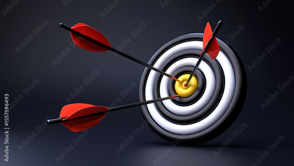 Poster precision aiming arrows hitting the bullseye on a target board with red feathers and black shafts ag