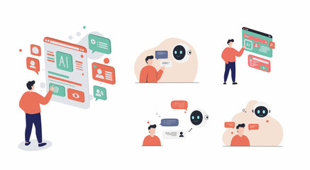 Flat vector scene of people interacting with agentic AI 