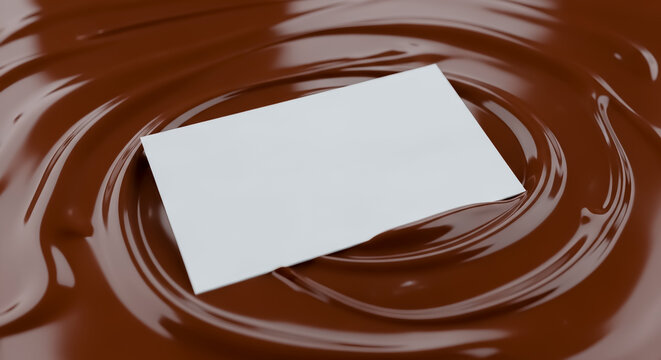Elegant business card mockup resting on a thick layer of glossy melted chocolate. Luxurious visual, high contrast between card and background, perfect for gourmet brands and chocolatiers. no text in t