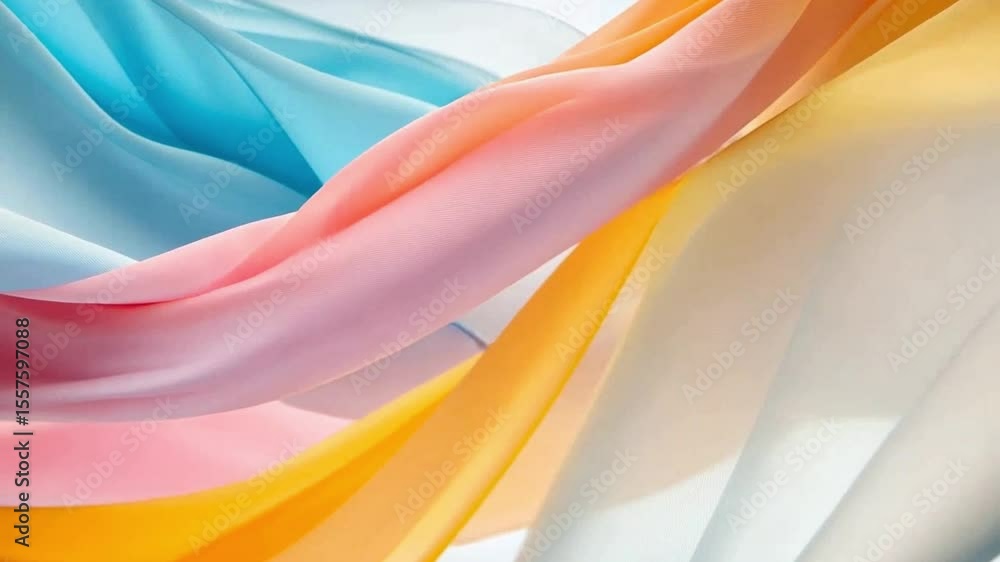 Poster ethereal flow: a mesmerizing display of flowing fabric, awash in a gradient of pastel hues, suggesti
