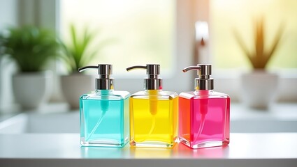 Three colorful soap dispensers sit on a bathroom counter