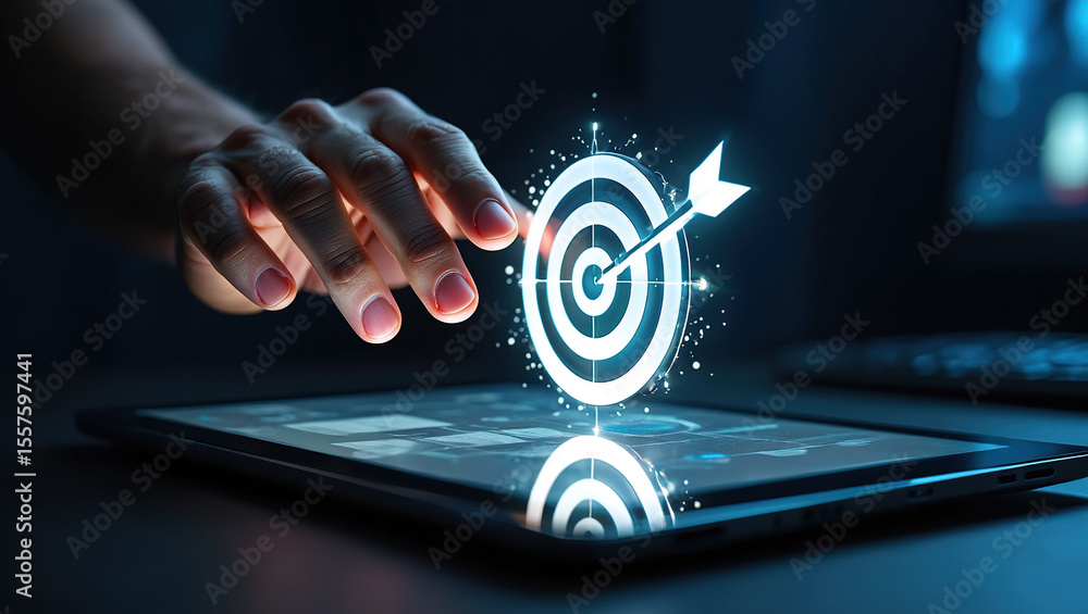 Poster conceptual image of a hand reaching towards a digital target with an arrow hitting the bullseye on a