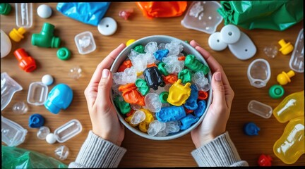 Colorful Plastic Waste Sorting in Hands Over a Wooden Table