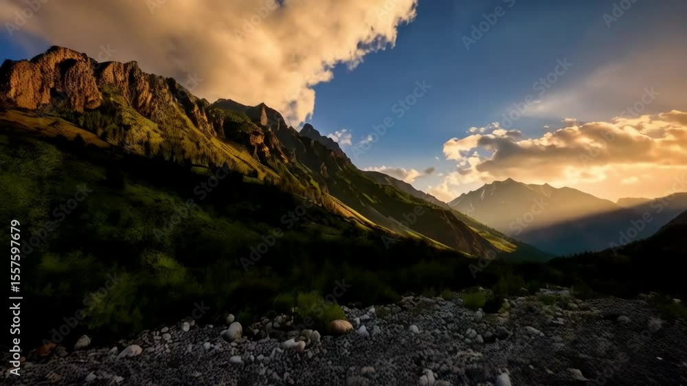 Poster majestic mountains and stream with sunlight filtering through clouds create a scenic and serene land