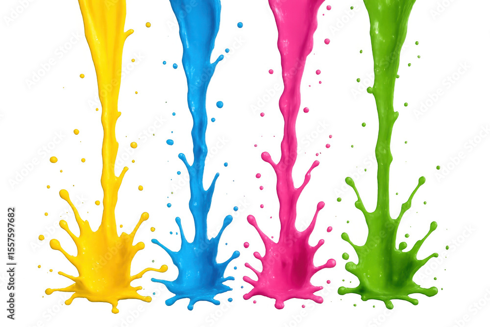 Poster four vibrant colors of paint splashing dynamically and creating a messy, abstract design on a transp