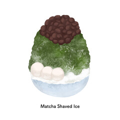 あずきが乗った抹茶味のかき氷　線画のイラスト