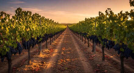 Fototapeta premium Rows of grapevines stretch towards the horizon, bathed in warm sunset light.