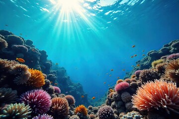 Obraz premium Vibrant Coral Reef A Serene Underwater Scene Teeming with Diverse Marine Life, Bathed in Sunlight Filtering Through the Surface, Showcasing Natures Beauty and a Thriving Ecosystem.