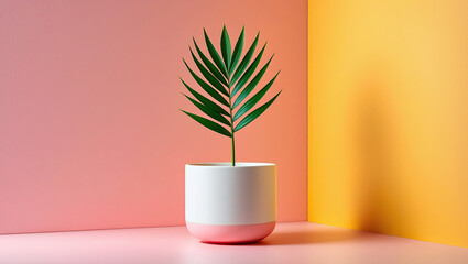 A Single Palm Leaf in a White Pot Against a Pink and Yellow Background Creating a Tropical and Modern Aesthetic with a Focus on Simplicity and Natural Beauty in a Minimalist Interior Design Setting