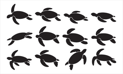 Collection of twelve black sea turtle silhouettes swimming in different directions silhouette