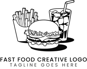 Creative fast food logo illustration features a burger, fries and drink