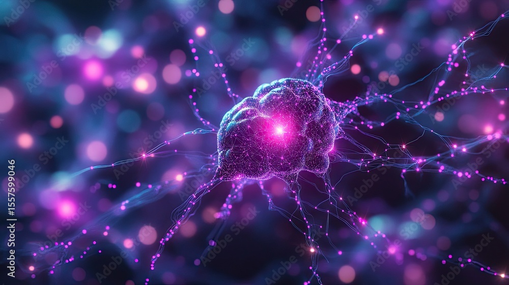 Aufkleber glowing purple neural network with abstract ai brain connections and futuristic machine learning con
