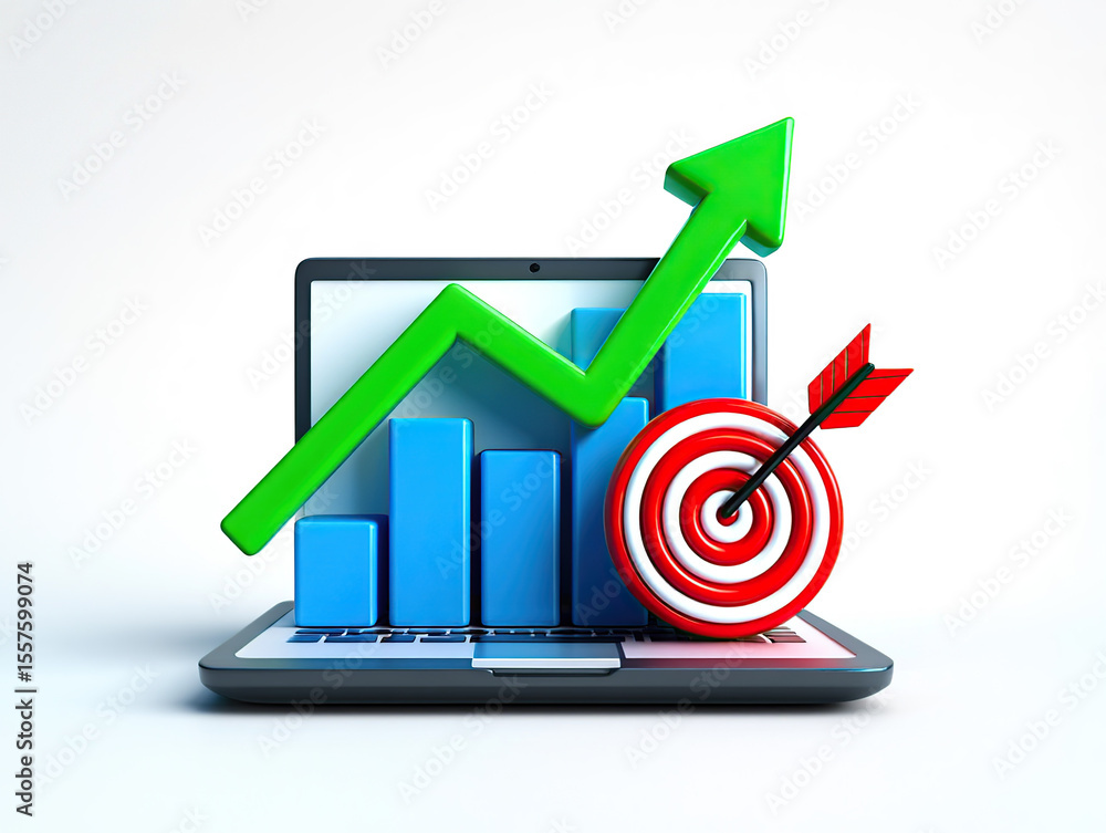 Poster business growth and target achievement a laptop displaying a rising graph with a dart hitting the bu
