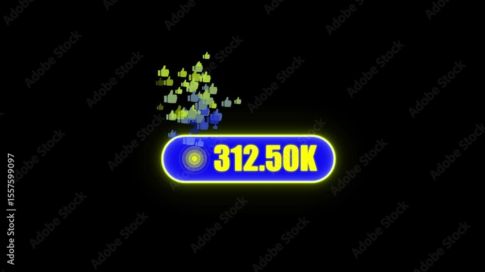 Poster 600.k likes counter animation.counting numbers 0 to 600.k, like icon radio waves with black backgrou