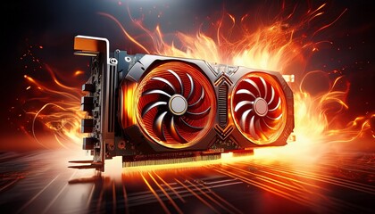 close up of an gaming graphics card with fans fire and sparks flying around it overheating gpu hardware after overclocking graphic card service concept