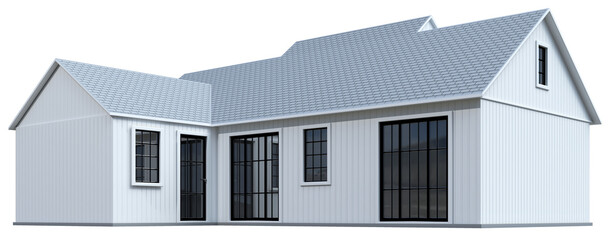 White cottage mockup with large windows. 3d illustration transparent background