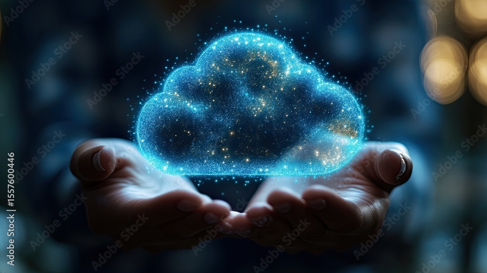 Poster hand holding cloud icon glowing softly with blue neon light symbolizing cloud computing and digital 
