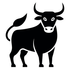 Silhouette of a Black Bull with Curving Horns and a Bushy Tail Isolated on White