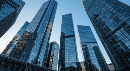 Obraz premium Modern Glass Skyscrapers Reflecting the Sky in a Cityscape