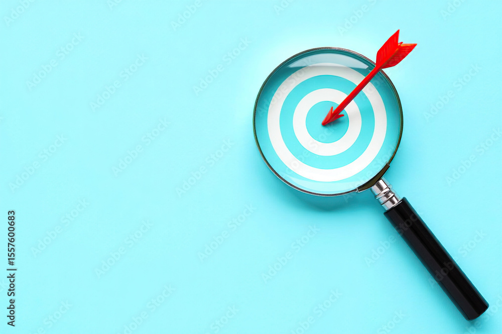 Poster precision focus a magnifying glass highlighting a bullseye target with a red arrow in the center on 