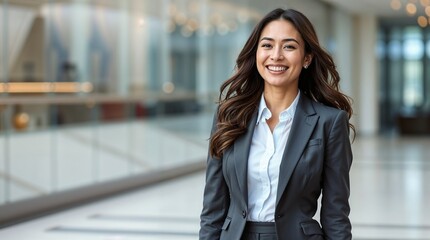 Fototapeta premium Smiling woman with business attire on blurred background . Positive female in office outfit