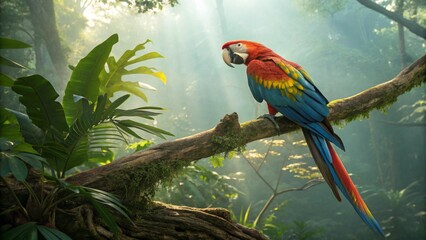 A colorful blue and gold macaw perches on a branch, an exotic tropical bird in the wild jungle