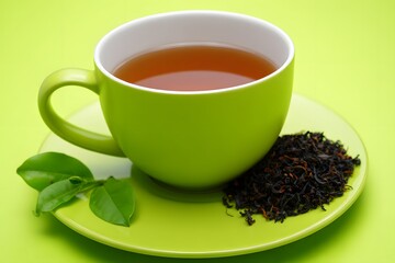 A cup of hot tea with loose tea leaves and fresh tea leaves on a bright green saucer