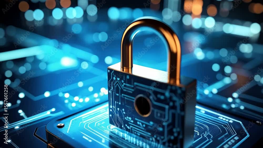 Poster golden metallic padlock with circuit board design on a blue glowing high tech surface, representing 
