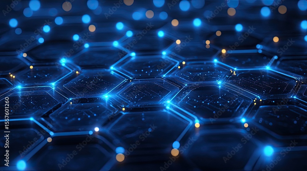 Aufkleber hexagon network line dots showing glowing blue hexagonal shapes connected by light lines for digital