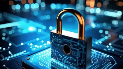 Golden metallic padlock with circuit board design on a blue glowing high tech surface, representing internet data encryption and digital security - Powered by Adobe