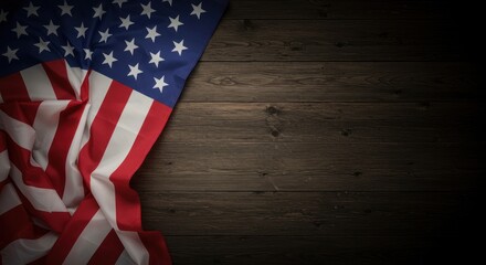 American flag draped on a dark wooden surface, with the flag's stars and stripes partially visible.