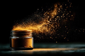 Golden powder exploding from glass jar on black background