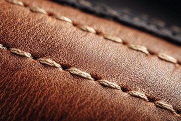 Close-up of brown leather with seam stitching
