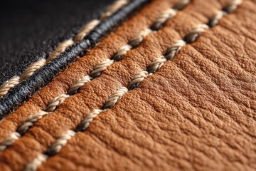 Macro shot of caramel brown leather with detailed stitching