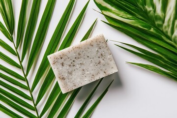 Natural soap bar on palm leaves, minimal top view product photo
