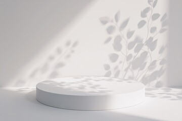 White round podium with botanical shadows in sunlight