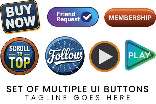 Various colorful user interface buttons including play, membership, follow