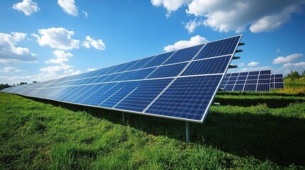 High-resolution image of solar panels installed outdoors, clean renewable energy source concept photo
