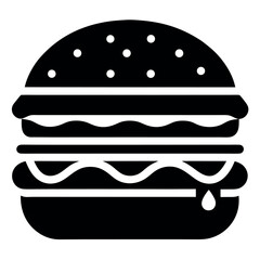 Black and White Burger Icon Depicts Bun with Seeds, Patty, Cheese, and Sauce Drip