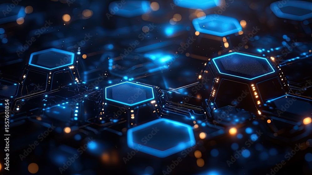 Poster hi-tech hexagon design with glowing blue hexagonal shapes and electronic circuits for futuristic tec