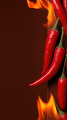 Fiery red chili peppers with flames on dark background