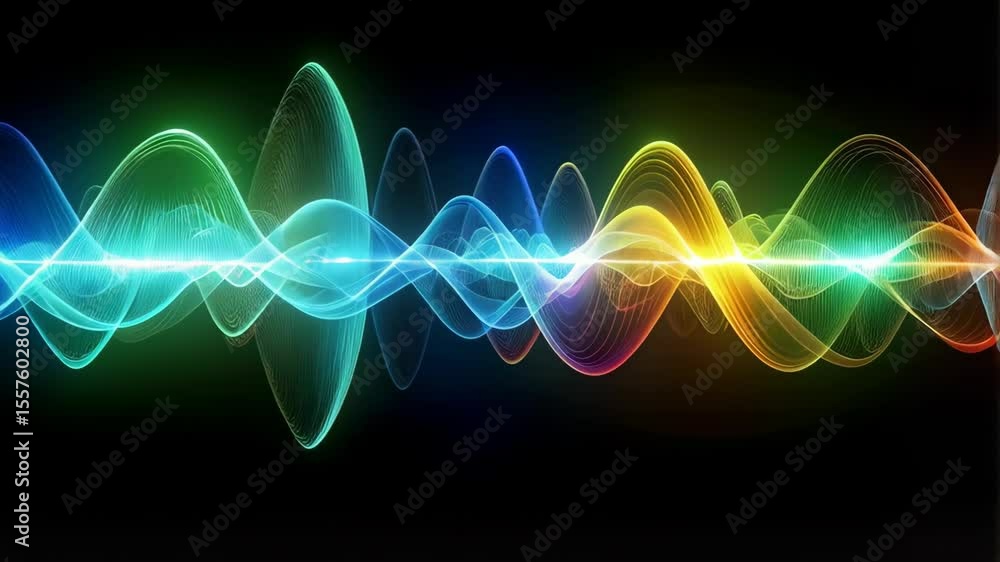 Poster abstract graphic display of colorful sine waves and horizontal light pulses against a dark backdrop,