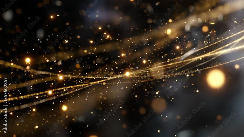 Poster In the background: airy particles and lines shining on a dark background. Festive shimmer: fiery golden sparks and light streams create a magical atmosphere. Ideal for festive and celebratory projects