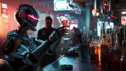 A futuristic robot in a bar raises a glass.  An android robot examining a drink in a neon bar. About artificial intelligence, future technology, robotics, cyberpunk, entertainment and future nightlife - Powered by Adobe